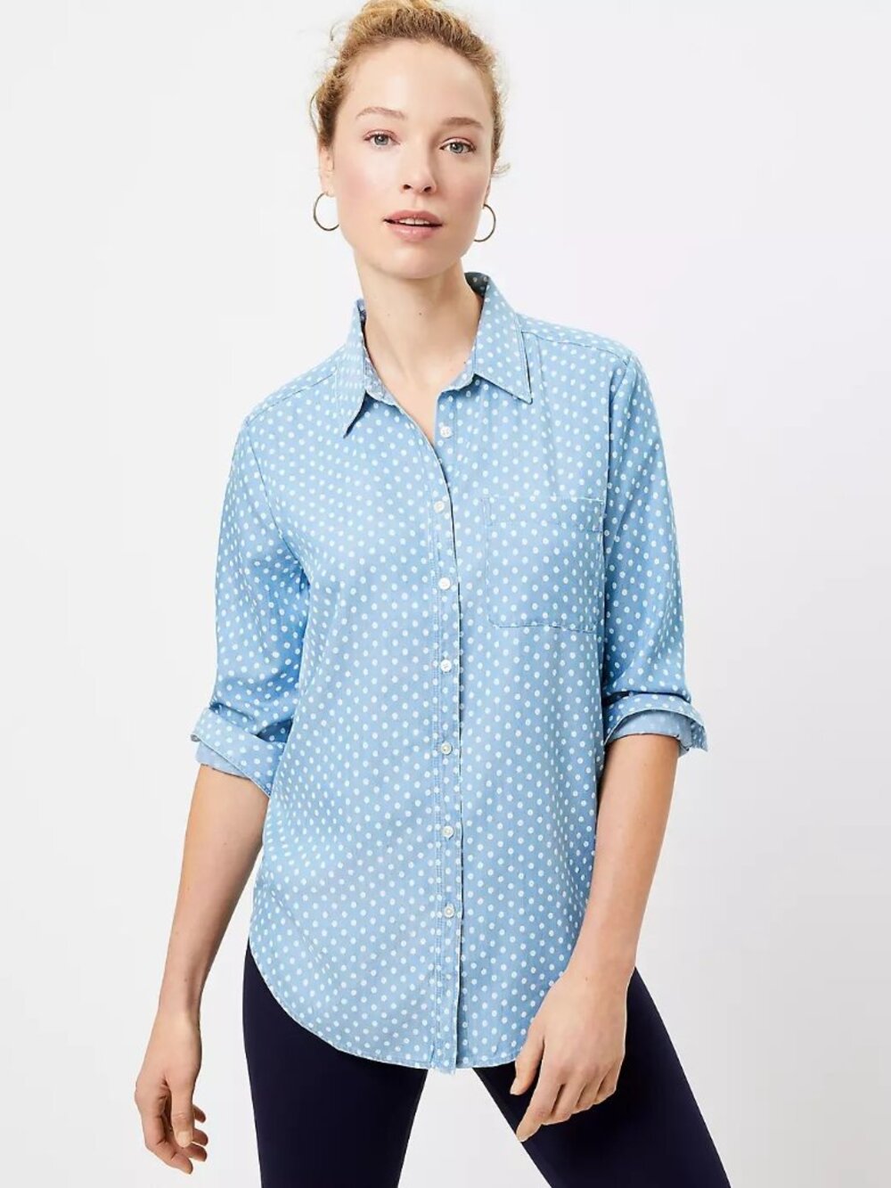 NWT Ann Taylor LOFT Size Large Blue Polka Dot Button Up Chambray Shirt Top NEW